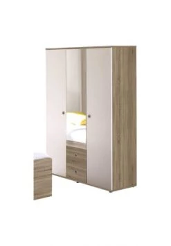 TiCAA Kleiderschrank 3-türig "Vicky" Sonoma-Weiß Mit Spiegel Gesamt: Länge 52cm, Breite 115cm, Höhe 191cm, Tiefe 52cm