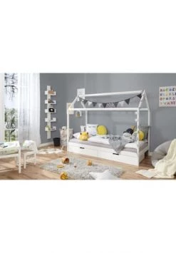 TiCAA Kinderbett Hausbett "Lina" Mit Schubkästen 90x200 Cm Kiefer Weiß Gesamt: Länge 97cm, Breite 203cm, Höhe 166cm -babyausstattung Shop unnamed file 711