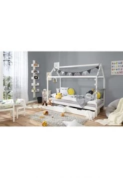 TiCAA Kinderbett Hausbett "Lina" Mit Schubkästen 90x200 Cm Kiefer Weiß Gesamt: Länge 97cm, Breite 203cm, Höhe 166cm -babyausstattung Shop unnamed file 712