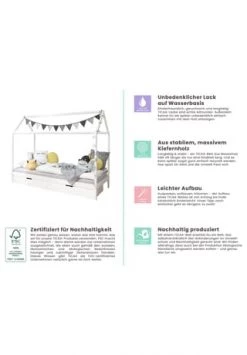 TiCAA Kinderbett Hausbett "Lina" Mit Schubkästen 90x200 Cm Kiefer Weiß Gesamt: Länge 97cm, Breite 203cm, Höhe 166cm -babyausstattung Shop unnamed file 713