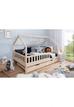 TiCAA Kinderbett Hausbett "Kay" 100x200 Inkl. Schubkästen Kiefer Natur Gesamt: Länge 108cm, Breite 210cm, Höhe 139cm, Tiefe 108cm -babyausstattung Shop unnamed file 833
