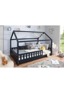 TiCAA Kinderbett Hausbett "Kay" 100x200 Kiefer Grau Gesamt: Länge 108cm, Breite 210cm, Höhe 139cm, Tiefe 108cm -babyausstattung Shop unnamed file 842