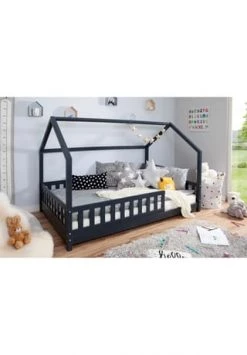 TiCAA Kinderbett Hausbett "Kay" 100x200 Kiefer Grau Gesamt: Länge 108cm, Breite 210cm, Höhe 139cm, Tiefe 108cm -babyausstattung Shop unnamed file 843